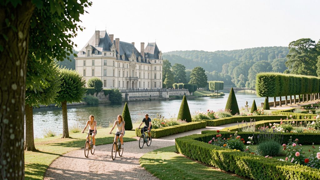 Vue lumineuse d’un château de la Loire au bord d’une rivière, entouré de jardins français, avec quatre cyclistes sur un chemin arboré.