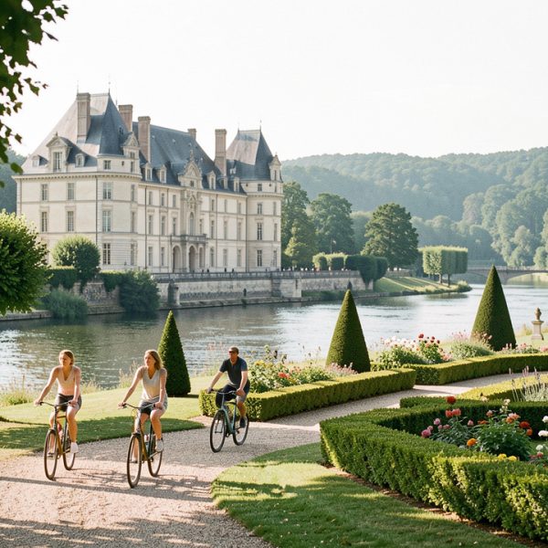 Vue lumineuse d’un château de la Loire au bord d’une rivière, entouré de jardins français, avec quatre cyclistes sur un chemin arboré.