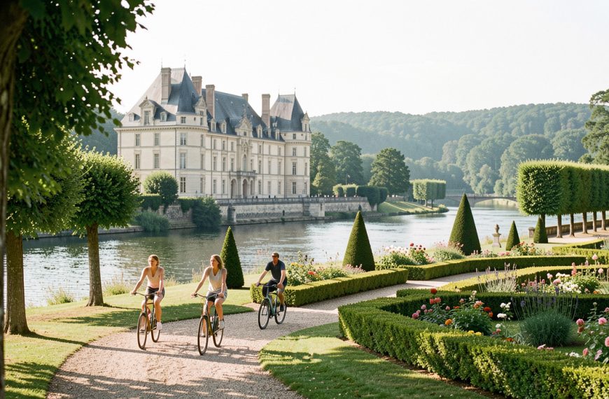 Vue lumineuse d’un château de la Loire au bord d’une rivière, entouré de jardins français, avec quatre cyclistes sur un chemin arboré.