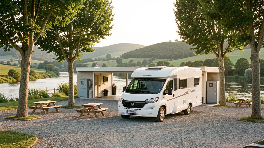 Camping-car blanc stationné dans une aire pratique et verdoyante près de la rivière Lot, à proximité de Fumel.