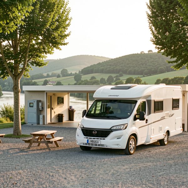 Camping-car blanc stationné dans une aire pratique et verdoyante près de la rivière Lot, à proximité de Fumel.