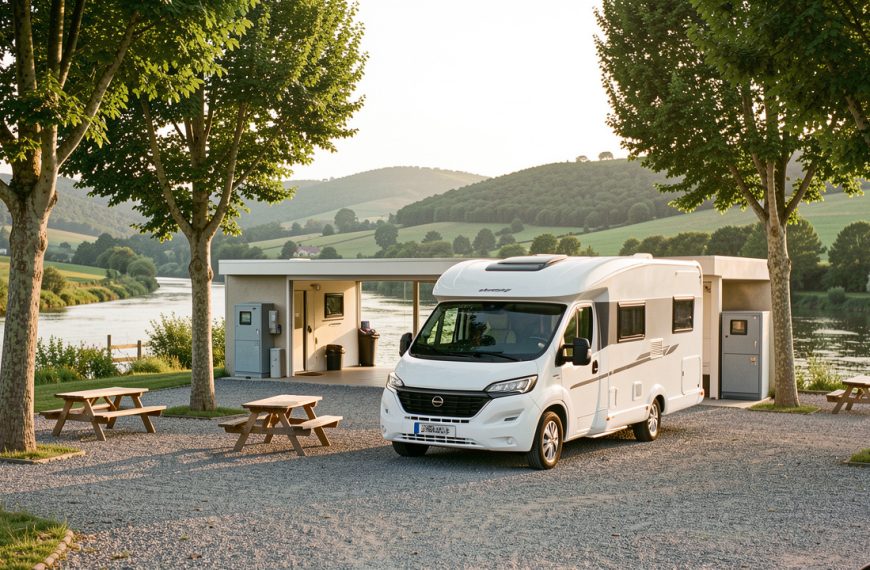 Camping-car blanc stationné dans une aire pratique et verdoyante près de la rivière Lot, à proximité de Fumel.