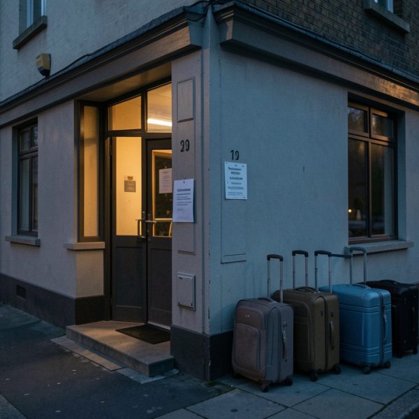 Devanture d’un petit hôtel fermé au crépuscule, avec plusieurs valises posées sur le trottoir et un avis vierge indiquant la fermeture.