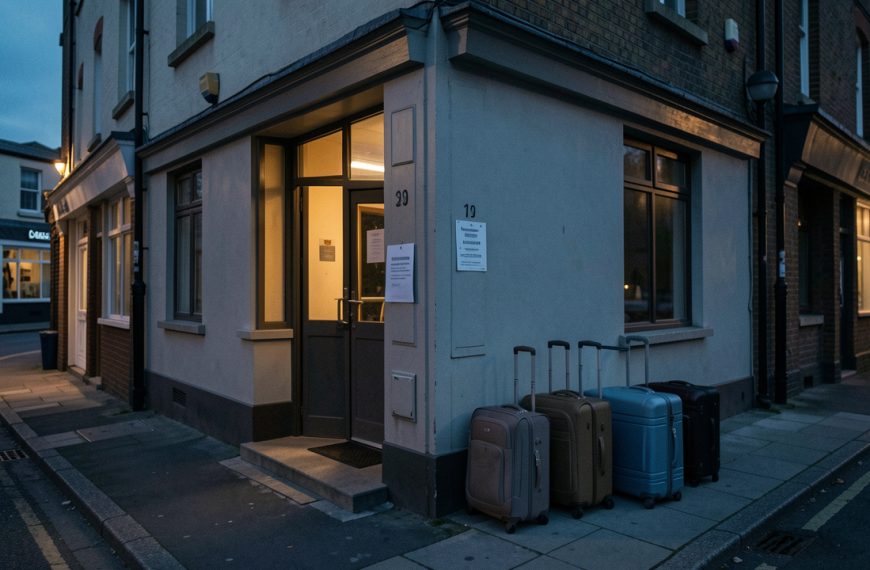 Devanture d’un petit hôtel fermé au crépuscule, avec plusieurs valises posées sur le trottoir et un avis vierge indiquant la fermeture.
