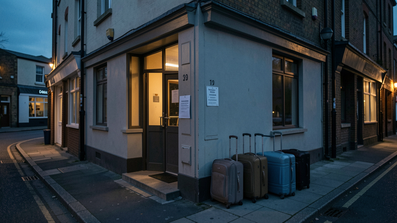 Devanture d’un petit hôtel fermé au crépuscule, avec plusieurs valises posées sur le trottoir et un avis vierge indiquant la fermeture.
