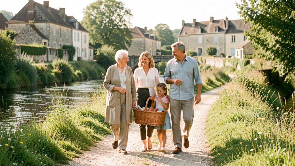 Une famille française de trois générations profite d’une promenade ensoleillée près de Fumel, au bord d’un chemin champêtre, avec un panier de pique-nique.