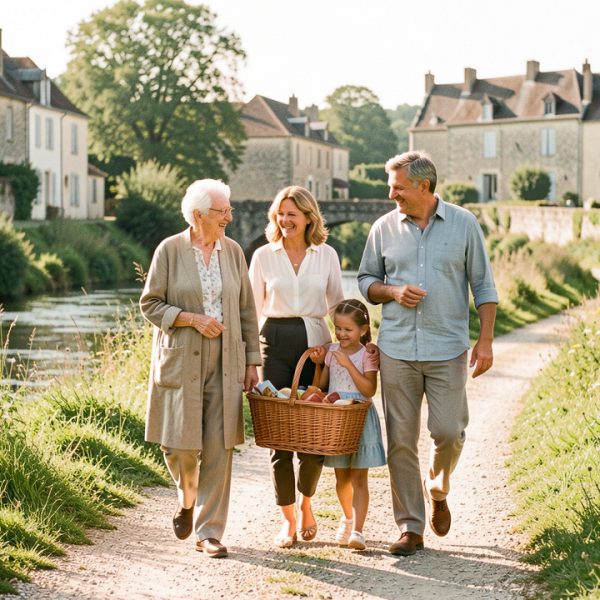 Une famille française de trois générations profite d’une promenade ensoleillée près de Fumel, au bord d’un chemin champêtre, avec un panier de pique-nique.