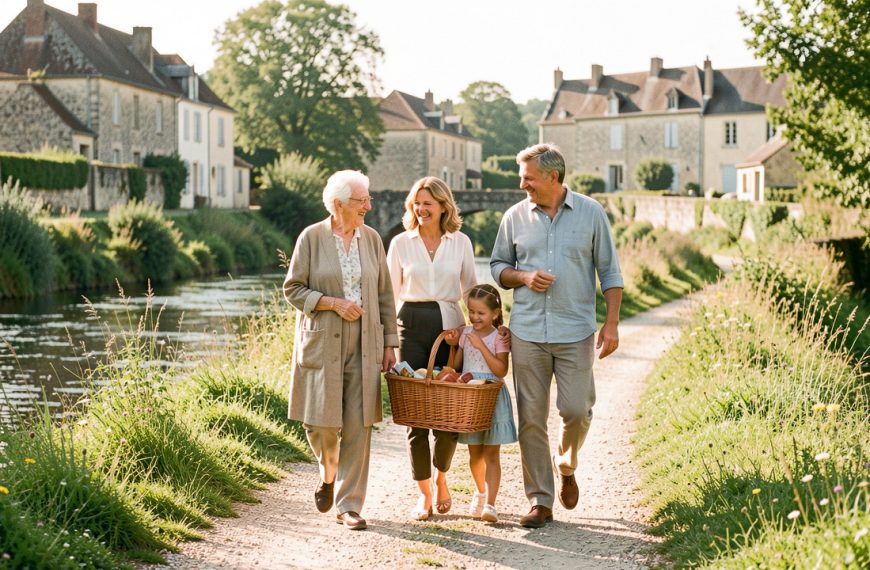 Une famille française de trois générations profite d’une promenade ensoleillée près de Fumel, au bord d’un chemin champêtre, avec un panier de pique-nique.