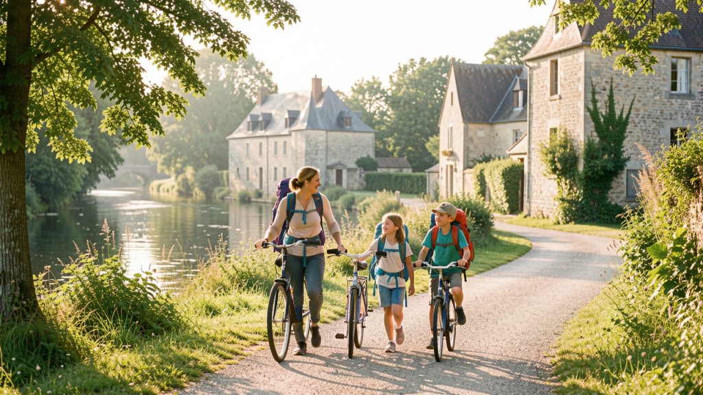 Une famille avec deux enfants découvre Fumel à pied et à vélo dans un cadre verdoyant.