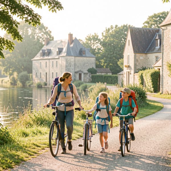 Une famille avec deux enfants découvre Fumel à pied et à vélo dans un cadre verdoyant.