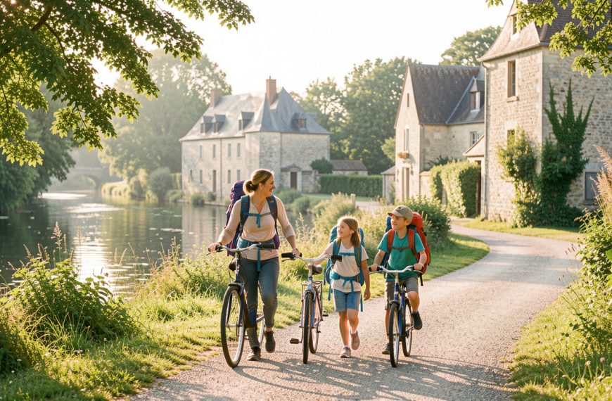 Une famille avec deux enfants découvre Fumel à pied et à vélo dans un cadre verdoyant.