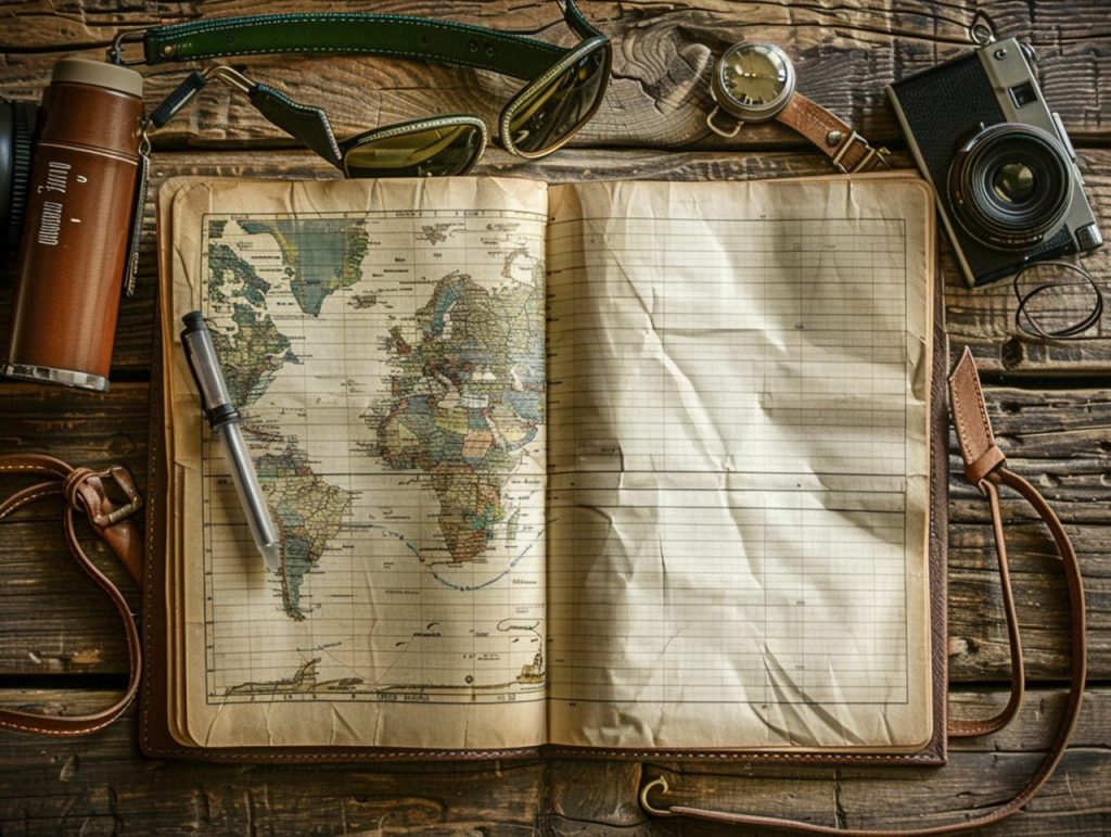 Carnet de voyage ouvert avec une carte, des notes manuscrites et des souvenirs de voyage.