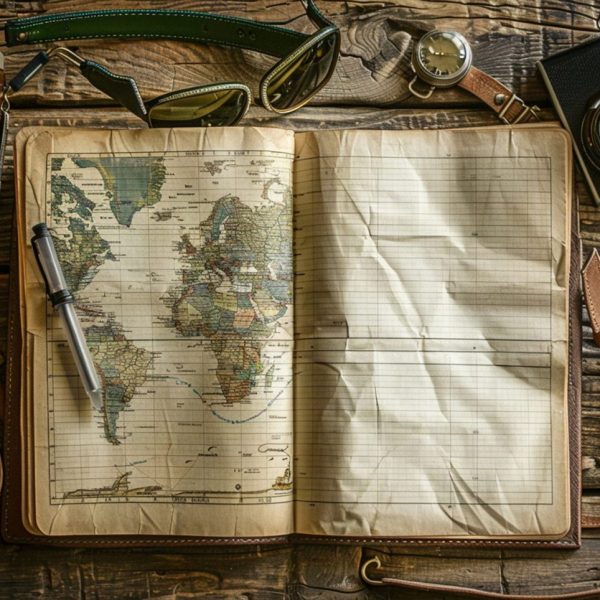 Carnet de voyage ouvert avec une carte, des notes manuscrites et des souvenirs de voyage.