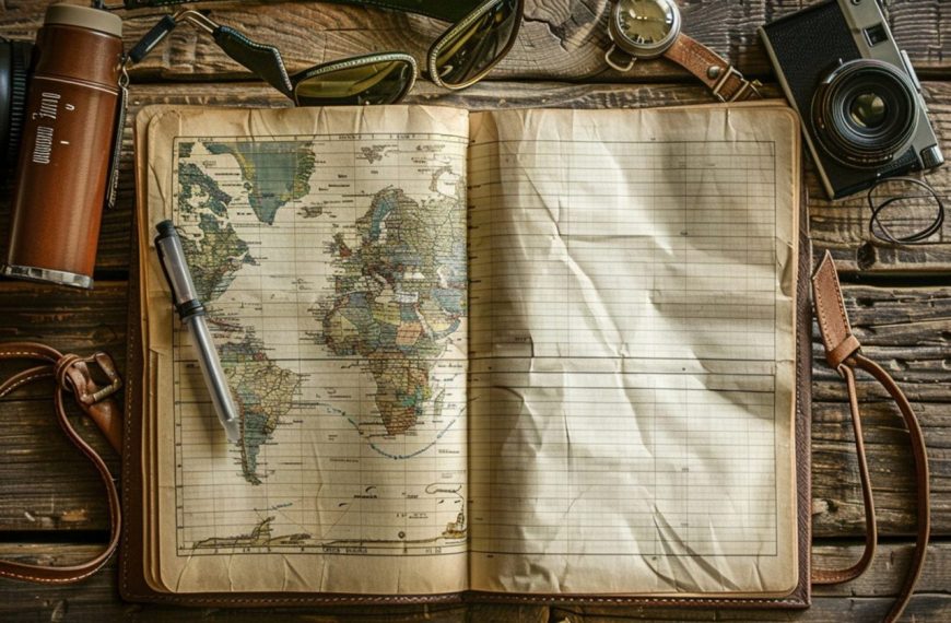 Carnet de voyage ouvert avec une carte, des notes manuscrites et des souvenirs de voyage.