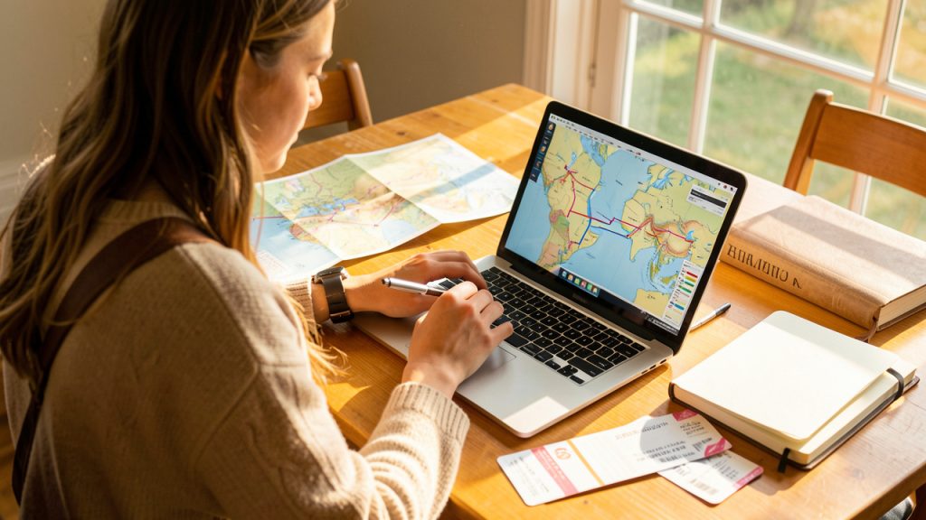 Une jeune voyageuse prépare son itinéraire de vacances devant un ordinateur portable, avec une carte papier, un carnet vierge et des billets sur une table lumineuse.