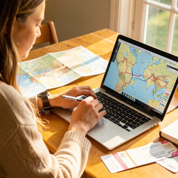 Une jeune voyageuse prépare son itinéraire de vacances devant un ordinateur portable, avec une carte papier, un carnet vierge et des billets sur une table lumineuse.