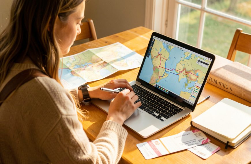 Une jeune voyageuse prépare son itinéraire de vacances devant un ordinateur portable, avec une carte papier, un carnet vierge et des billets sur une table lumineuse.